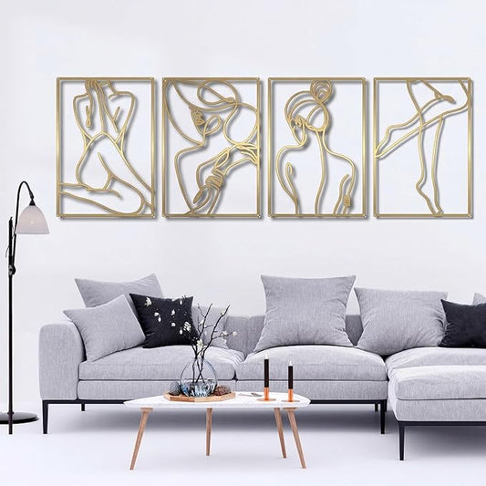 Glamativity 4 Pack Minimalist Wall Art, Real Metal Abstract Wall Art (Woman's Body Shape, Gold Elegant Style, M Size 17 x 11.8'')