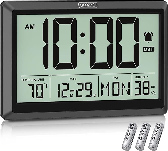 10.4'' Digital Wall Clock Battery Operated with Date/Temp/Week, Touch Snooze Function, Alarm, Temperature & Humidity - Easy to Read and Set, Auto DST