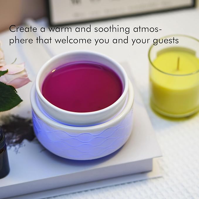 ElusiaKa 7-Color Changing Wax Melt Warmer, Modern Ripple Design 3-in-1 Electric Candle Warmer with Large Melting Dish, Ceramic Scented Wax Melter Essential Oil Burner for Home Aromatherapy, White