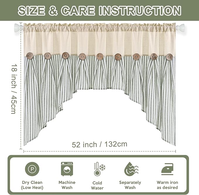 ASPMIZ Farmhouse Cotton Linen Swag Valances for Windows, Boho Rustic Kitchen Curtains Valances with Buttons, Green Striped Window Treatments Curtain Valance for Bathroom Cafe, 61 x 36 Inch, 1 Panel