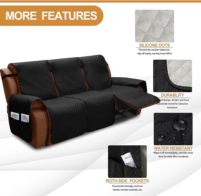 XINEAGE Water Resistant Recliner Cover, 3 Seat Sofa Covers with Pockets, Quilted Thick Protector Cover for Dog Pets with Non Slip Backing and Strap (Black)