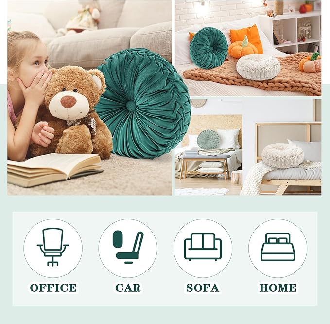Drydiet 3 Pcs Round Throw Velvet Pillows Decorative Pleated Throw Pillows 15'' Diameter Accent Pumpkin Boho Chair Cushion for Couch Sofa Home Decoration (White,Light Green,Green)