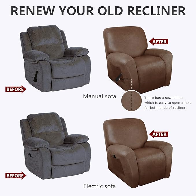 ANARACHON Recliner Chair Covers Leather Like, 4 Pieces Recliner Cover, Furniture Protector - Washable Soft Sofa Slipcover for Pets Kids (Brown)