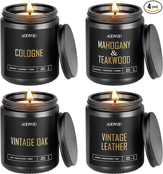 AOOVOO Scented Candles for Men - 4 Pack Candles for Home Scented, 28oz Soy Wax, 200 Hour Burn Time, Men Candle Set, Vntage Leather/Vntage Oak/Mahogany Teakwood/Cologne Candle Set