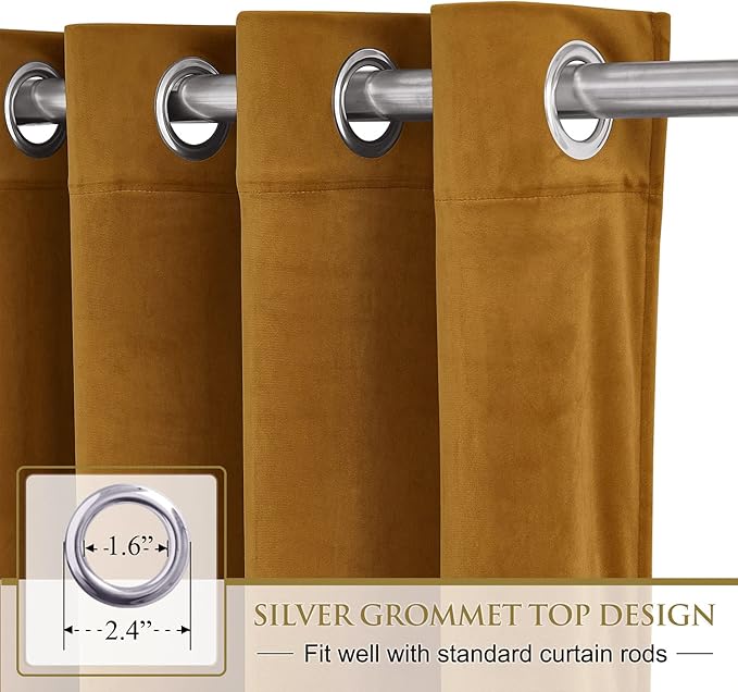 StangH Mustard Gold Velvet Curtains Elegant Decor for Party Backdrops, 90 inches Solid Drapes Light Blocking for Bedroom Energy Saving Room Dividers for Doorway, W42 x L90, Set of 2