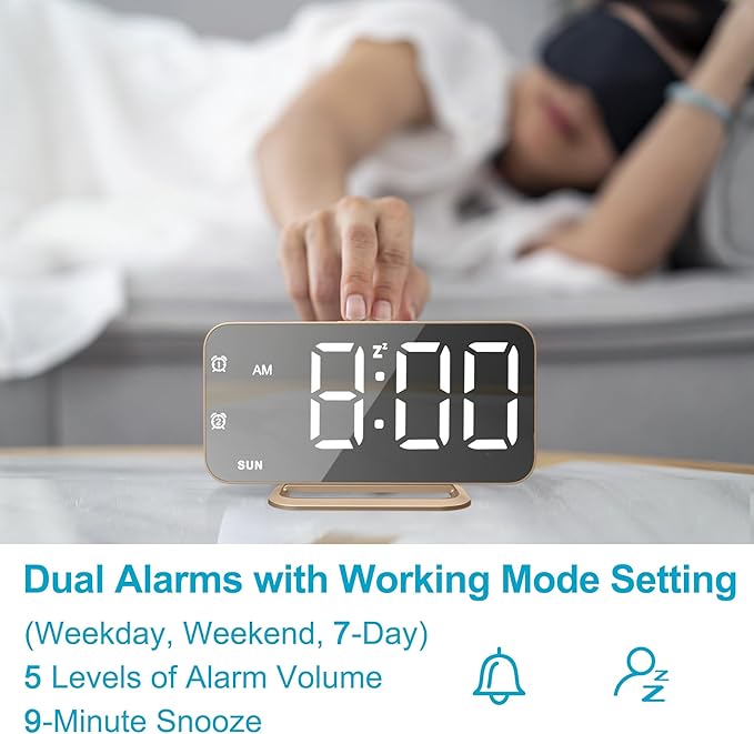 Slim LED Digital Alarm Clock, Mirror Surface for Makeup, with Diming, Large Display, Easy Setting, USB Charger Ports, Modern Bedroom, Desk, Office Living Room Decor, Christmas Birthday for Women Girl