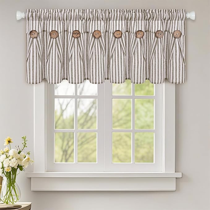 ASPMIZ Farmhouse Valances for Windows, Cotton Linen Kitchen Curtains Valances with Rustic Buttons, Brown Striped Window Valance for Living Room, Boho Valance Curtains for Bathroom, 52 x 18 Inches