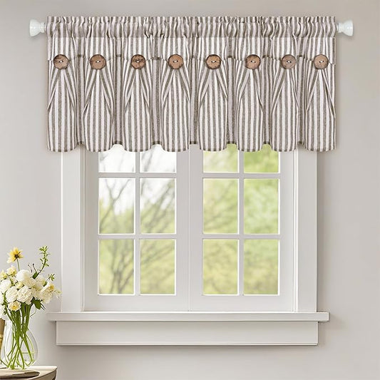 ASPMIZ Farmhouse Valances for Windows, Cotton Linen Kitchen Curtains Valances with Rustic Buttons, Brown Striped Window Valance for Living Room, Boho Valance Curtains for Bathroom, 52 x 18 Inches