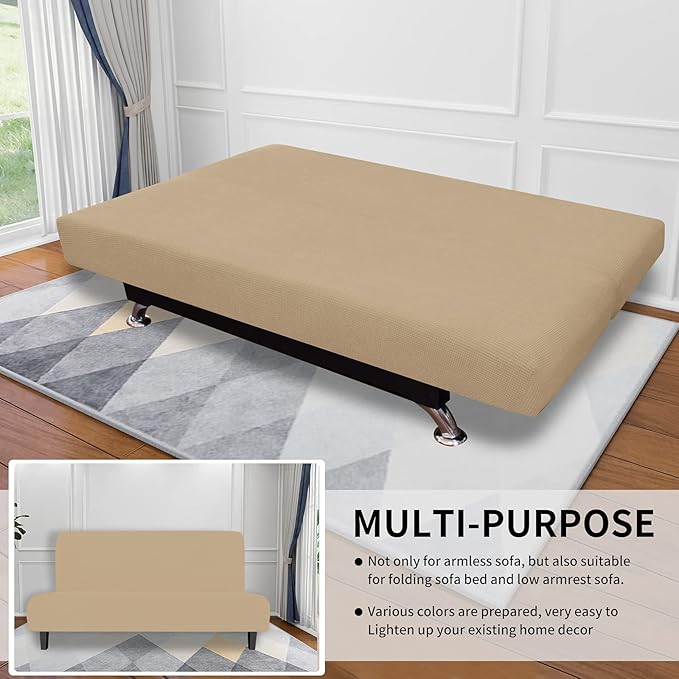 Easy-Going Stretch Futon Slipcover Armless Futon Bed Cover Furniture Protector Without Armrests with Elastic Bottom for Kids, Soft Jacquard Fabric Small Checks (Medium, Sand)
