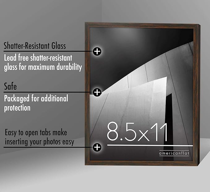 Americanflat 8.5x11 Picture Frame with Shatter-Resistant Glass - Streamline Collection - Thin Border Photo Frame for Tabletop and Wall Display - Hanging Hardware and Easel Stand Included - Walnut