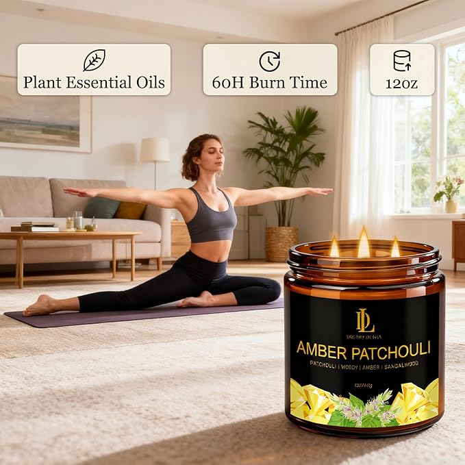 Amber Patchouli Scented Candle, 12oz 60 Hour Long Lasting Candles, Large 3 Wick Natural Soy Candles for Home Scented, Candle Gifts for Women Men