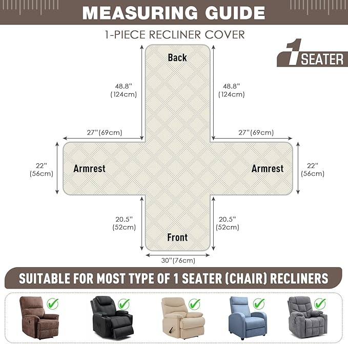 TAOCOCO Waterproof Recliner Chair Covers 30 Inch Wide, Oversized Recliner Covers for Recliner Chair with Pocket, Recliner Slipcovers with Straps Furniture Protector for Kids Pets (30'', Taupe)