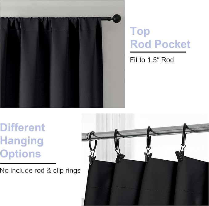 Simplebrand Ava Black Short 24 Inches Blackout Curtain 2 Panels Set, Half Window Rod Pocket Privacy Curtain Tiers for Kitchen, Curtains Blackout for Bathroom Shades, W30 x L24 Inch, Black