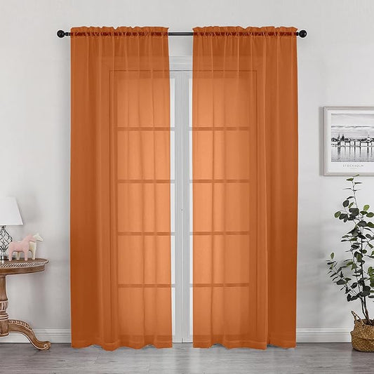 OWENIE Sheer Curtains 72 Inches Long 2 Panels Set, Light Filtering Sheer Curtain Rod Pocket Clear Drapes for Living Room Bedroom Window Sliding Door, Each 42 x 72 Inch, Orange