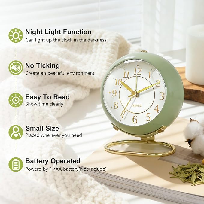 Analog Alarm Clock, Retro Small Desk Clock with Night Light, Cute Simple Design, Silent Non-Ticking, Battery Powered, Backlight Clock for Bedroom,Travel,Kitchen,Bedside Desktop Decor - Image 2