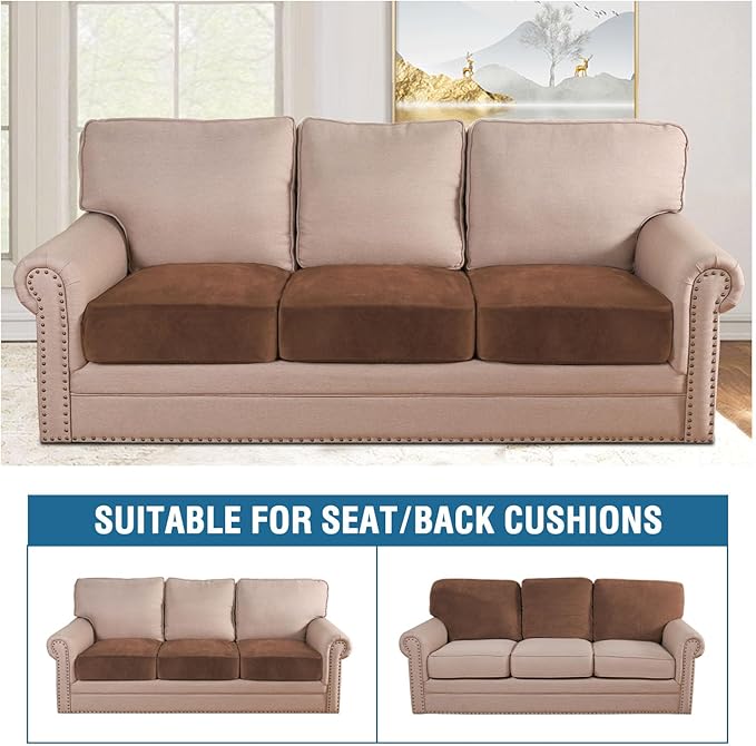 H.VERSAILTEX Velvet Stretch Couch Cushion Cover Plush Cushion Slipcover for Sofa Cushion Furniture Protector Seat Cushion Sofa Cover (3 Piece Sofa Cushion Covers, Caramel Cafe)