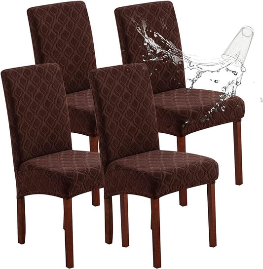 Genina Waterproof Chair Covers for Dining Room, Stretch Jacquard Dining Chair Slipcovers Removable Washable Chair Protector for Kitchen, Hotel, Restaurant (Jacquard-Chocolate, 4 PCS)