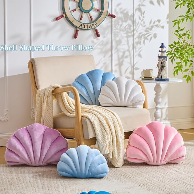 Shell Pillow，Seashell Decorative Pillow Light Blue Seashell Shaped Throw Pillows Decorative Coastal Throw Pillows Beachy Room Decor Cute Beach Throw Pillows for Couch Bed Home Decor