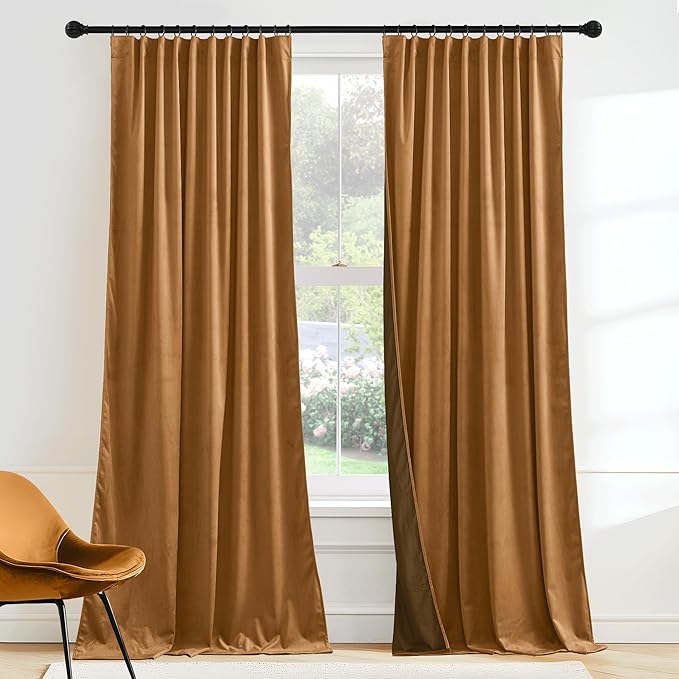 RYB HOME Luxurious Bronze Velvet Curtain Panels for Living Room Bedroom, Heavy Duty Thermal Insulated Floor-Length Velvet Drapes with Hook Belt for Vintage Decor, 52" W x L102 L, 2 Panels Set