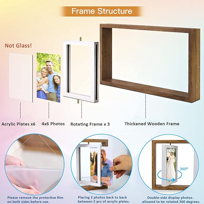 ZEEYUAN 4x6 Rotating Picture Frame Desktop Rustic 4x6in Wooden Photo Frames, Double Side-Display 6 Photos, Floating 4x6 Collage Family PictureFrame for Tabletop Display