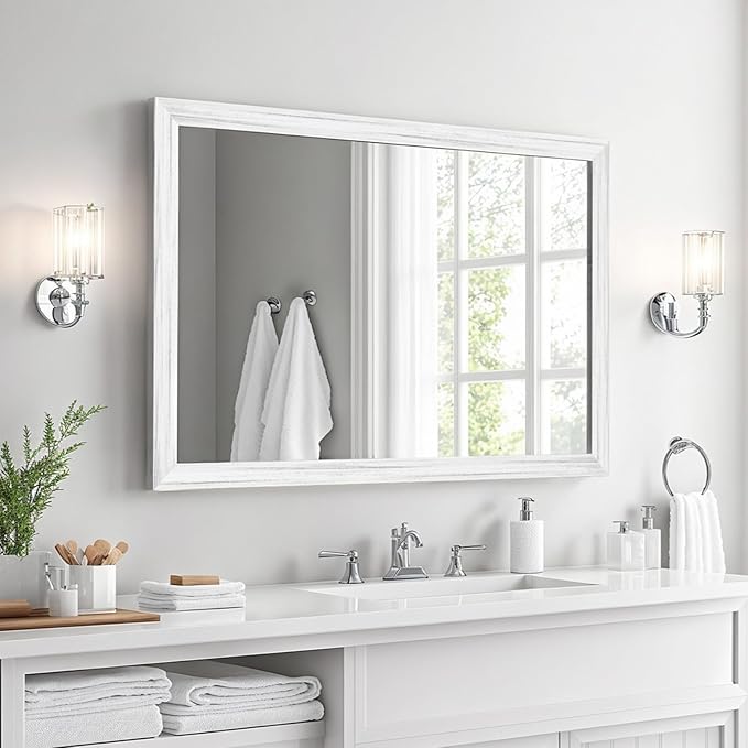 White Wood Effect Framed Wall Mirror, 24x36 Rectangle Mirror, Anti-desilvering Tempered Glass, Sustainable& Sturdy Frame, Farmhouse Mirror, Anti-Rust, 3min Fast Setup for Bathroom Living Room