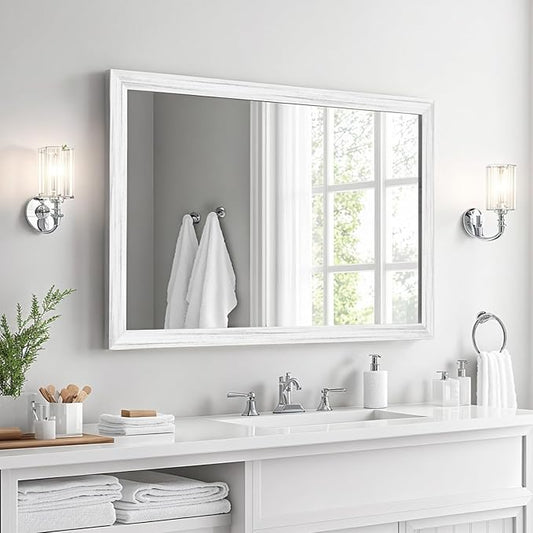 White Wood Effect Framed Wall Mirror, 24x36 Rectangle Mirror, Anti-desilvering Tempered Glass, Sustainable& Sturdy Frame, Farmhouse Mirror, Anti-Rust, 3min Fast Setup for Bathroom Living Room