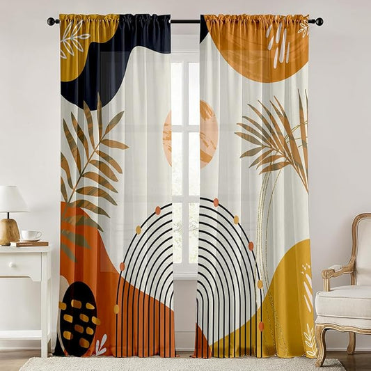Colorful Boho Curtains Mid Century Modern Semi Sheer Curtains 52X96 Inch Abstract Leaves Retro Rainbow Living Room Curtain 2Pc Fun Geometric Drapes Yellow Plant Window Curtain for Bedroom