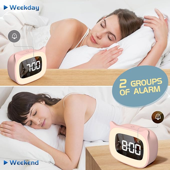 Cute Cat Ear Alarm Clock with Night Light for Bedroom,Pink - Image 4