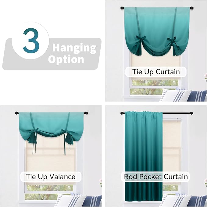 COSVIYA 100% Blackout Ombre Teal Adjustable Tie Up Curtains for Kitchen Thermal Insulated Room Darkening Valance Rod Pocket Balloon Roman Shade for Small Window,48" L x 42" W, 1 Panel