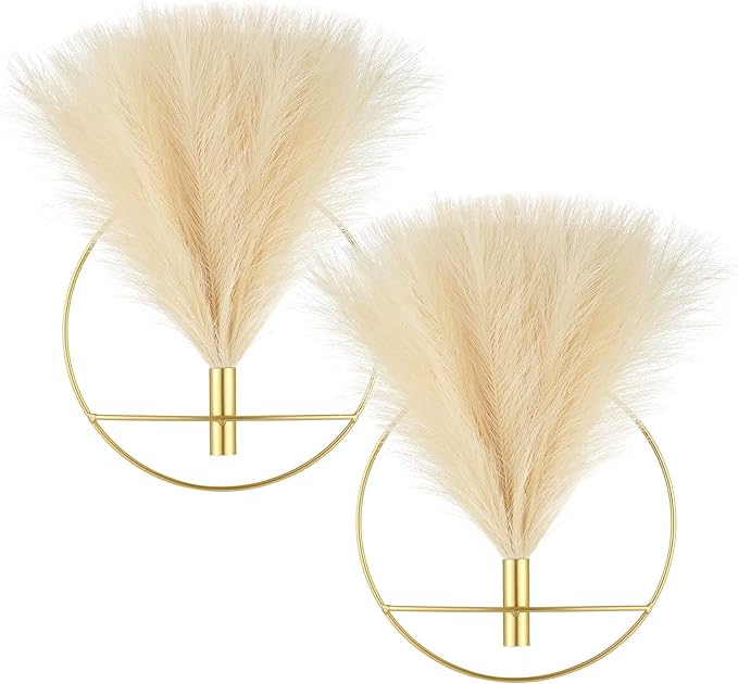 Pretty Jolly Boho Wall Decor, Large Wall-Mounted Metal Wall Decor, Hanging Artificial Pampas Display, Wall Art Living Room, Bedroom, Bathroom, Dining room, 2 Pack Gold Beige