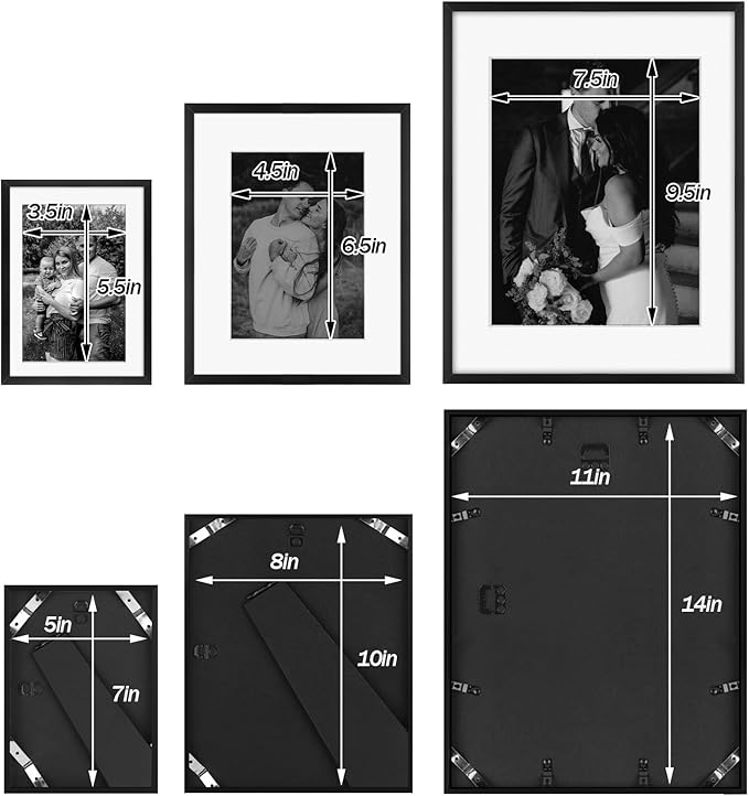 Frametory, Black Aluminum Picture Frame with Removable Mat - Set of 7 Includes Four 5x7, Two 8x10, One 11x14 - Real Glass Front - Simple Gallery Wall Frames for Art Prints and Posters