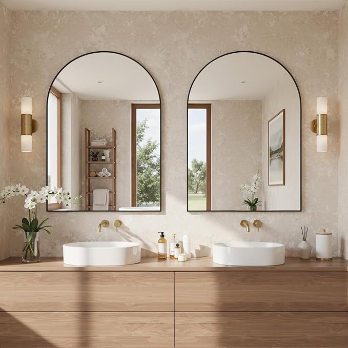 Antok Arched Bathroom Mirror, 30"x40" Wall Mounted Mirror, Vanity Mirrors for Over Sink, Aluminum Alloy Frame Bathroom Mirrors Living Room, Bedroom and Entryway, Black