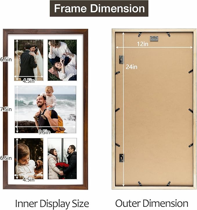 12x24 Brown Wood Picture Frame - White Mat for 8x10 and 5x7 Photos - Real Glass, Sawtooth Hanger, Swivel Tabs - Wall Mounting - Great for Posters, Weddings, and Engagements