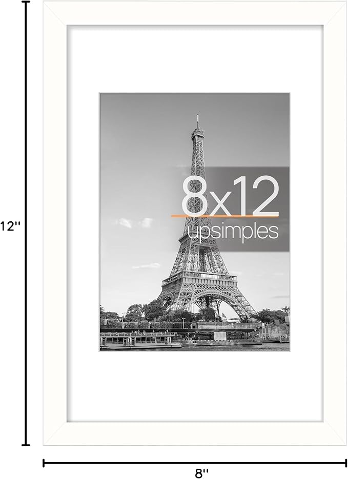 upsimples 8x12 Picture Frame, Display Pictures 6x8 with Mat or 8x12 Without, Wall Hanging Photo Frames, White, 1 Pack