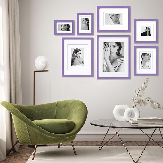 Egofine 8x8 Picture Frame 4PCS, Made of Solid Wood Covered by Plexiglass Display 4x4/6x6 with Mat or 8x8 without Mat, for Table Top Display and Wall Mounting Photo Frame, Purple