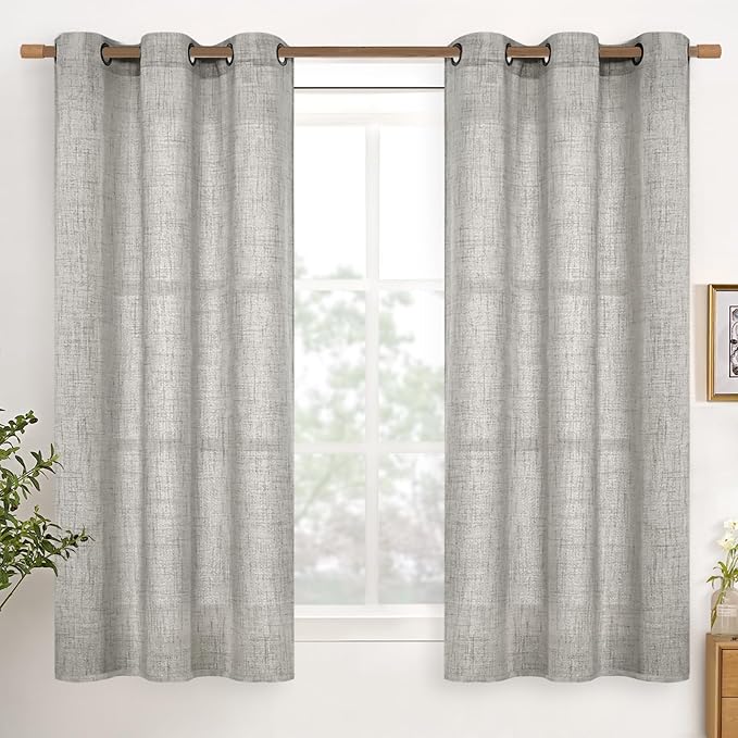 YoungsTex Dark Grey Linen Curtains 45 Inches Length for Kitchen Window, Textured Semi Sheer Drapes Light Filtering with Bronze Grommet for Bathroom Cafe Bedroom, 2 Panels, 42 X 45 Inch
