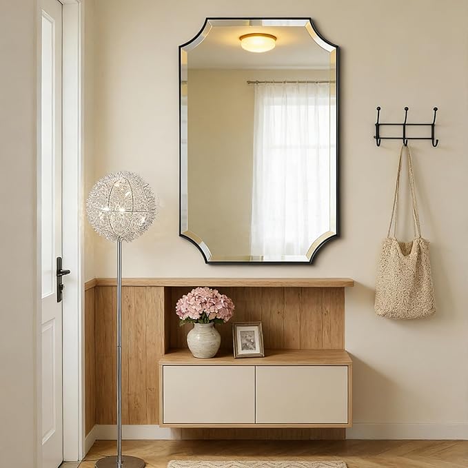 POZINO Rectangle Beveled Mirror, 24"x40" Modern Bathroom Vanity Mirror for Over Sink, Matte Black Rounded Corner Oblong Mirrors for Living Room Bedroom Entryway, Horizontal or Vertical Hanging