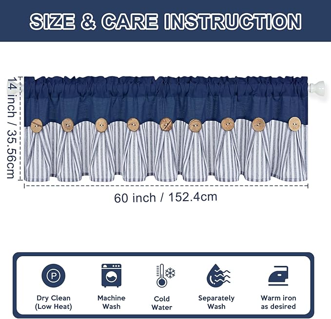 ASPMIZ Farmhouse Cotton Linen Valances for Windows, Boho Kitchen Curtains Valances with Rustic Button, Blue Striped Valance Window Topper Treatment Tiers, Window Valances for Bathroom, 60 x 14 Inch