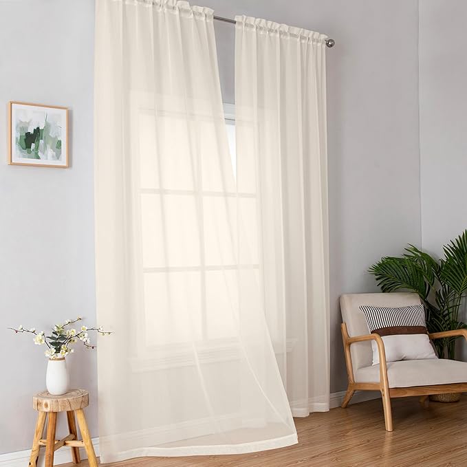 OWENIE Cream Sheer Curtains 84 inches Long 2 Panels Set for Bedroom Living Room, Soft Solid Living Room Sheer Curtain, Rod Pocket Light Filtering Curtains, 2 Pcs Each 42?€? W x 84" L,Cream