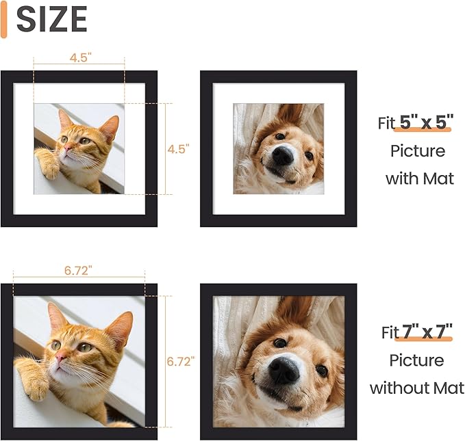 upsimples 7x7 Picture Frame, Display Pictures 5x5 with Mat or 7x7 Without, Wall Hanging Photo Frame, Black, 1 Pack
