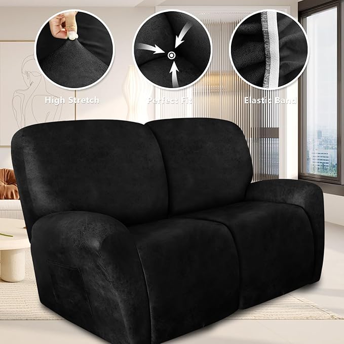 ANARACHON Loveseat Recliner Cover Leather Look Recliner Loveseat Covers Recliner Sofa Cover for 2 Seater Reclining Couch Spandex Fabric Washable 6 Pieces (2 Seater, 02 Black)