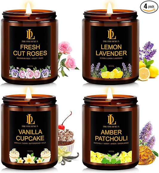 4 Pack Candles for Home Scented, 28 oz Soy Aromatherapy Candle Set, Candle Gifts for Women Men, Scents of Fresh Cut Roses/Lemon Lavender/Vanilla Cupcake/Amber Patchouli