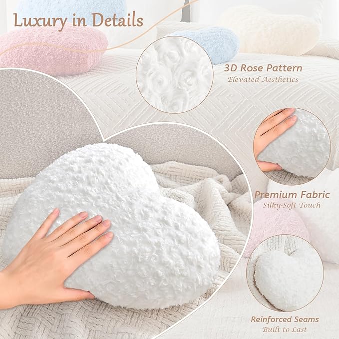 Heart Pillow White Throw Pillows, Soft Fluffy Decorative Pillows for Bed Couch Chair, Cute Heart Shaped Room Decor Gifts for Valentine Anniversary Birthday Mothers Christmas (Small, 13"x10")