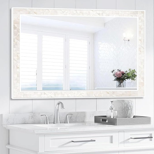 Tanmicoshomy White Shell Framed Rectangular Mirrors for Bathroom, 30x48 Inch Lagre Mirrors with Tempered Glass for Bedroom Living Room or Entryway, Horizontal or Vertical Hanging