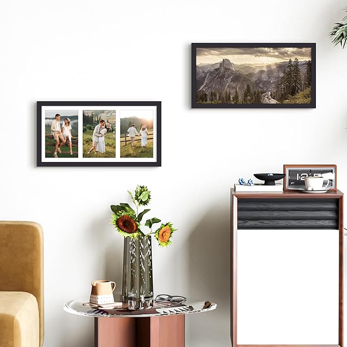 upsimples 8x16 Collage Picture Frame, Display Pictures 3 5x7 with Mat or 8x16 Without Mat, Wall Hanging 3 5x7 Picture Frame Collage Wall Decor, Black, 1 Pack