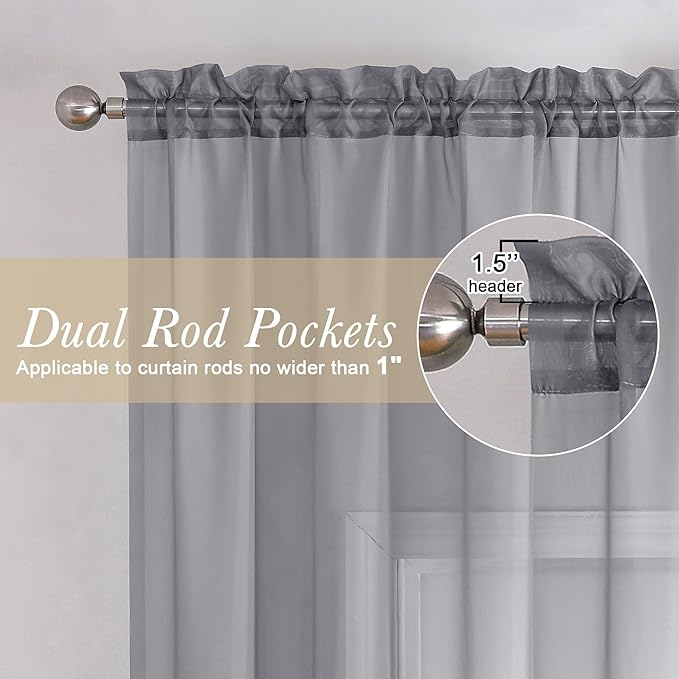 Lecloud Charcoal Grey Sheer Kitchen Curtains 36 Inch Length 2 Pcs, Sheer Voile Curtain Tiers with Dual Rod Pockets, Cafe Window Small Curtains for Bedroom Living Room, 40 x 36 Inch