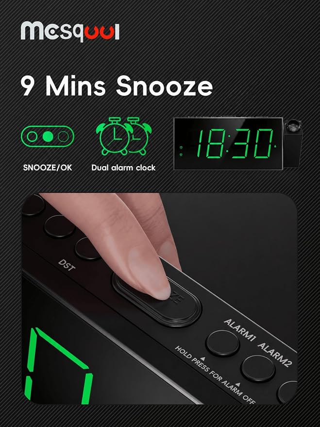 Mesqool Digital Projection Alarm Clock with Dual Alarms, 5 Levels Dimmer - Image 7