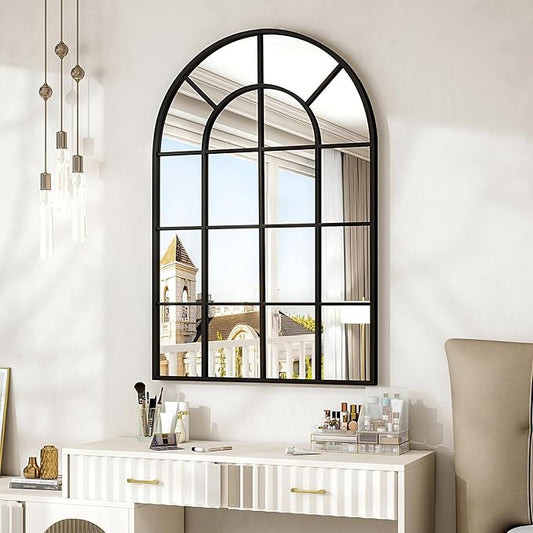 24"×36" Windowpane Arched Wall Mirror, Grid-Designed Decorative Farmhouse Wall Mounted Mirror with Metal Frame Hanging Leaning for Entryway, Living Room, Home Decor, Black