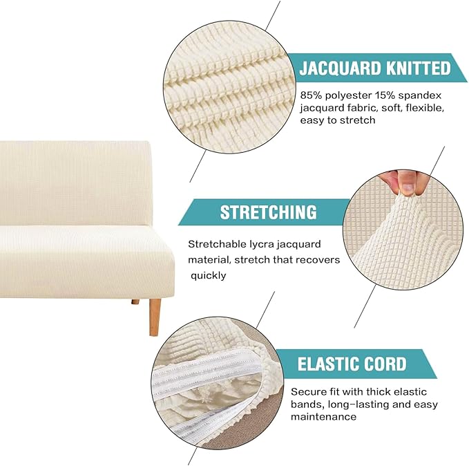 H.VERSAILTEX Armless Futon Cover Stretch Sofa Bed Slipcover Protector Elastic Feature Rich Textured High Spandex Small Checks Jacquard Fabric Futon Cover, Machine Washable, Cream