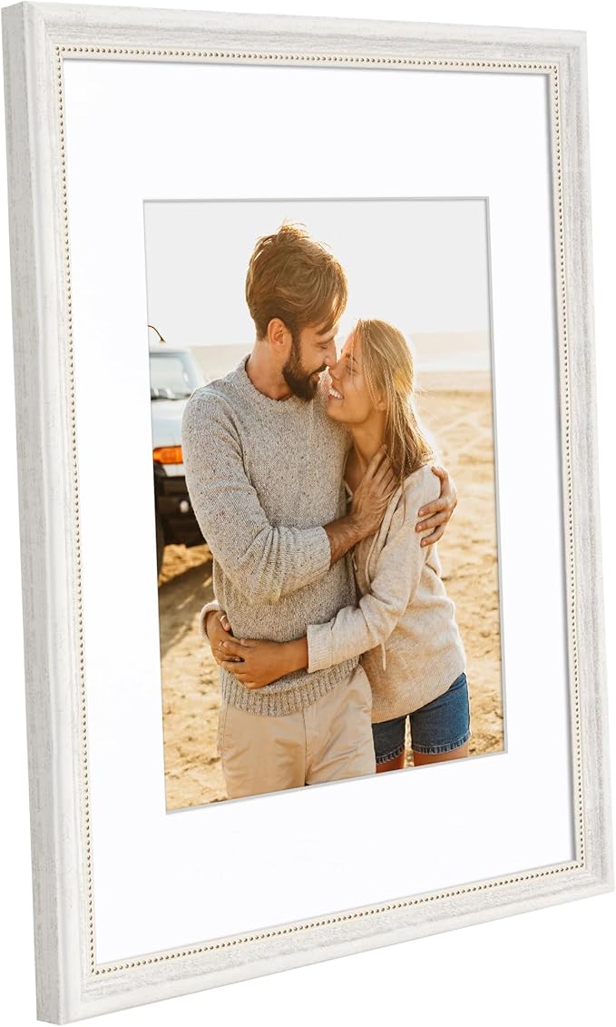 Americanflat Vintage Frames - 11x14 Picture Frame with Beaded Accents and Shatter-Resistant Glass - Use as 8x10 Frame or Display 11x14 Photos Without Mat - Heirloom Collection - White Gold